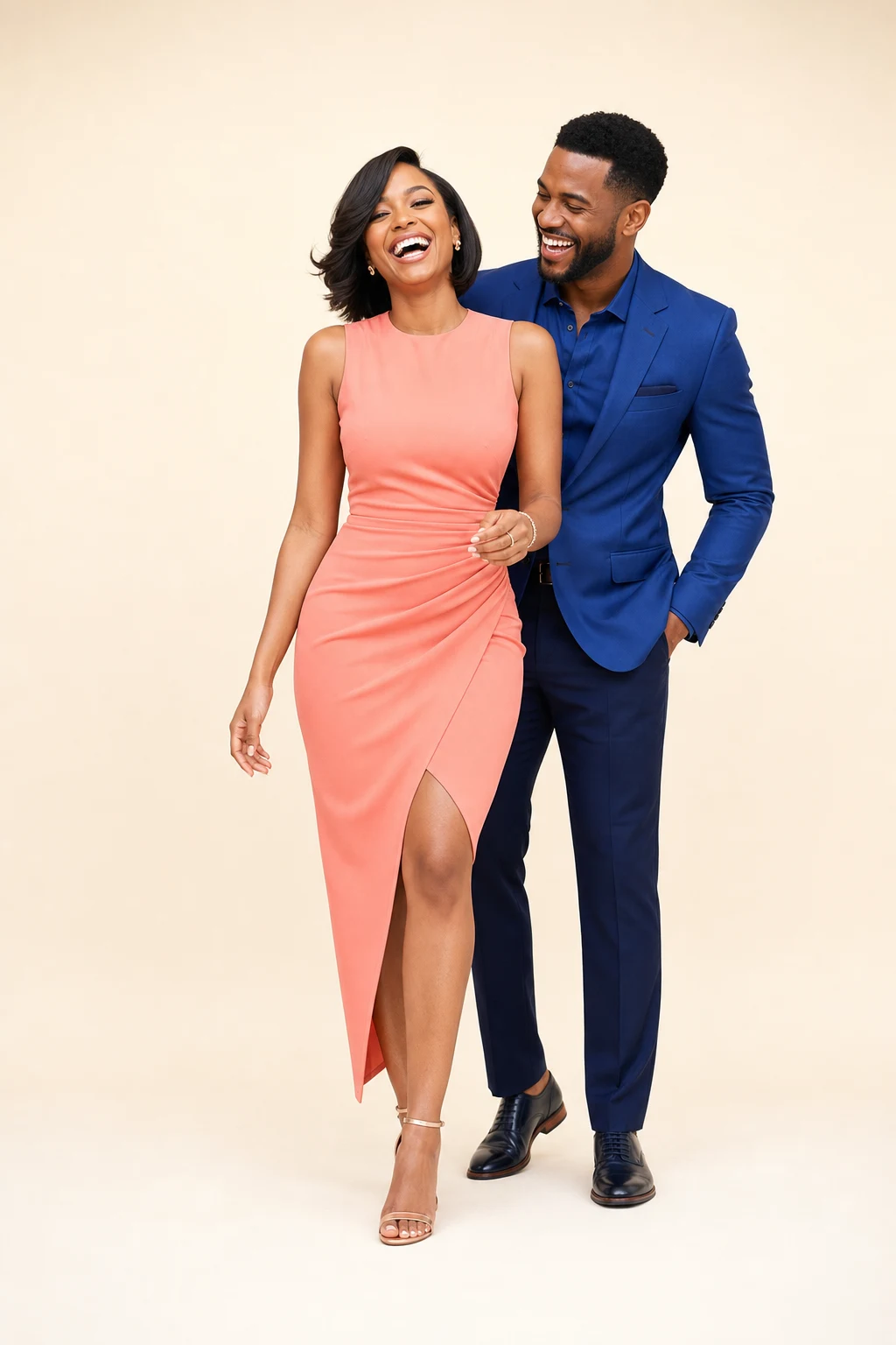 Woman in a fitted coral dress laughing beside a man wearing navy trousers